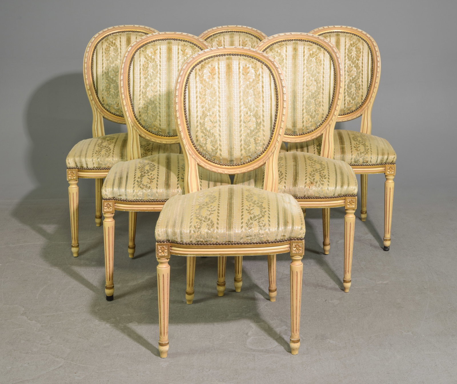 Set Of 6 Louis XVI Style Painted Dining Chairs: Set Of 6 French Louis XVI Style Painted Dining Chairs - 38 inches tall x 19 x 20.5, Seat height is 17.5 inches
