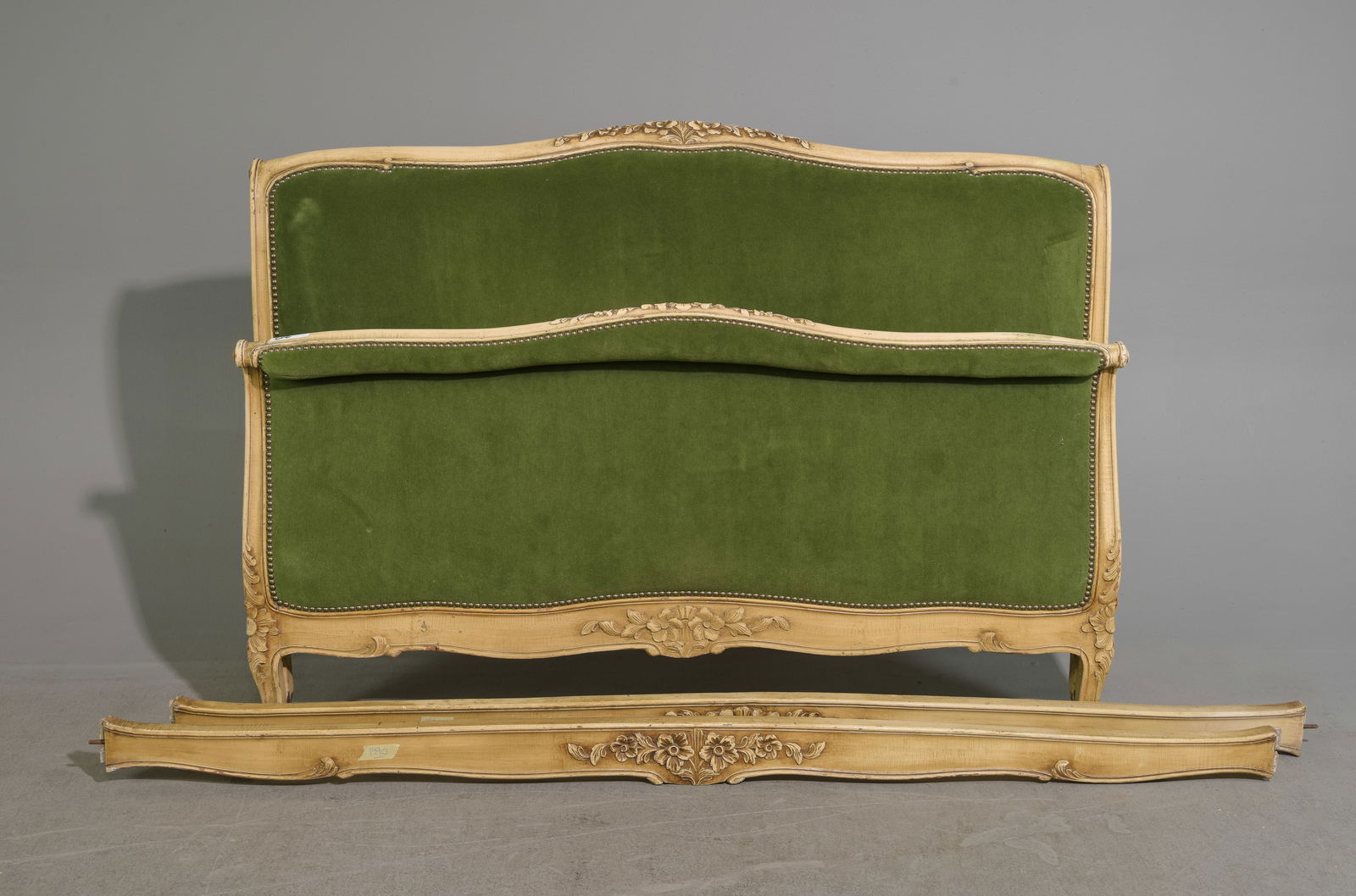 Louis XV Style Green Upholstered Bed with Rails: French Louis XV Style Green Upholstered Painted Bed with Rails - Headboard is 41.5 in tall x 58 x 4, Rails are 76 inches long each - This bed is a European size which can usually be converted to an Am
