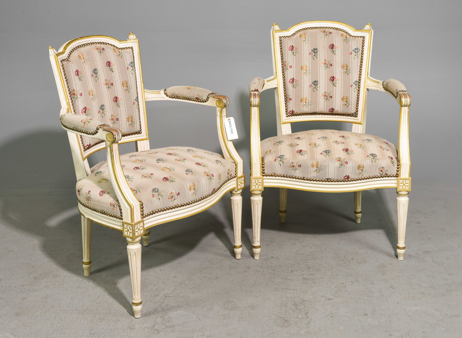 Louis XVI Style Pair of Painted Arm Chairs: French Louis XVI Style Pair of Painted Arm Chairs c.1930's-40's - 33.5 in tall x 24 x 20, Seat height is 16 inches