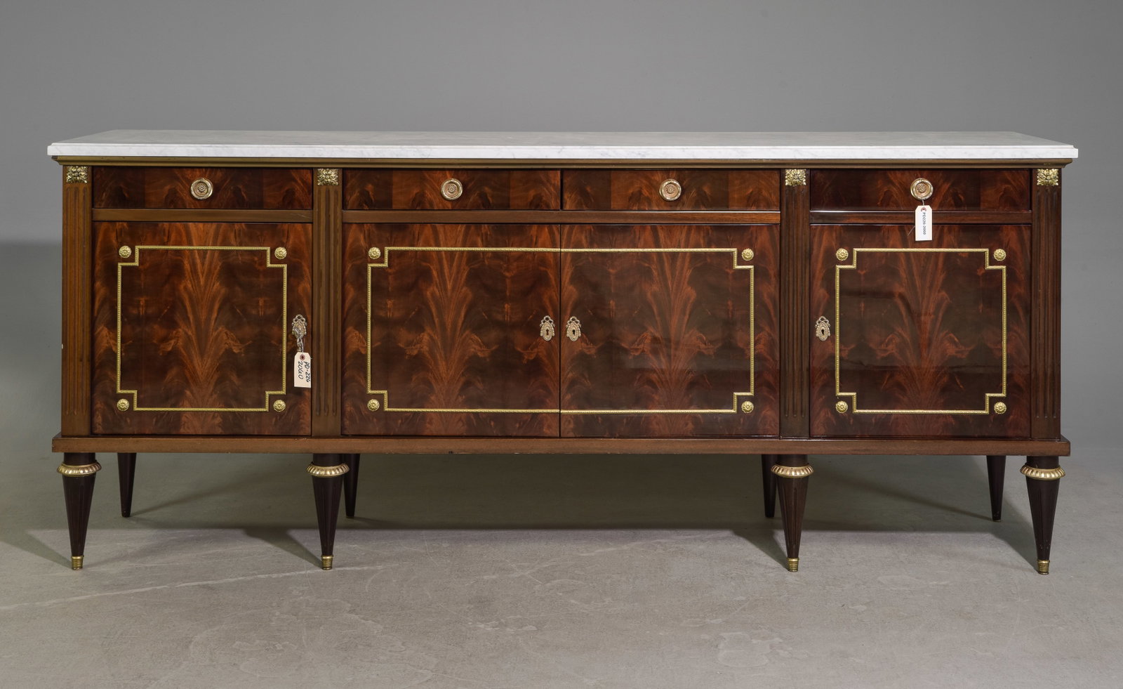 Louis XVI Style White Marble Top Sideboard: French Louis XVI Style White Marble Top Sideboard / Enfilade - 37.5 in tall x 96 x 22