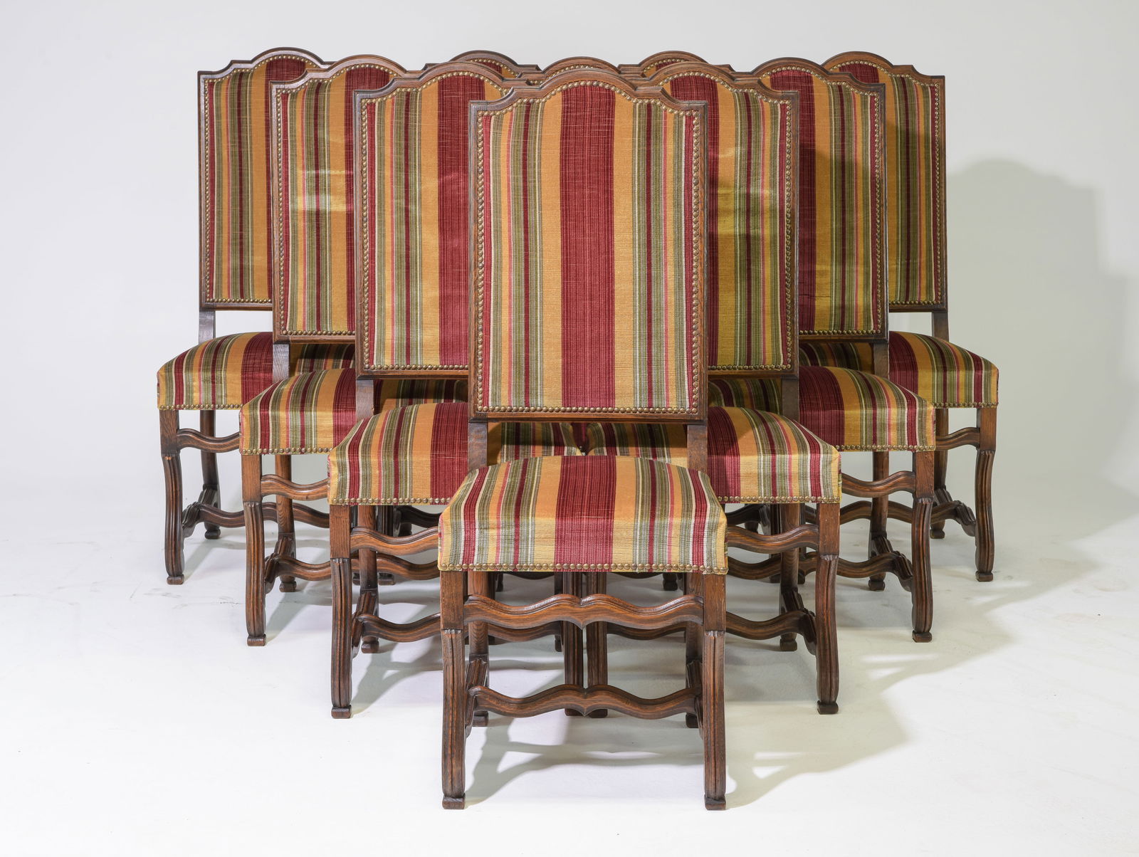 French Set of 10 Oak Striped Upholstered Chairs (1 of 5)