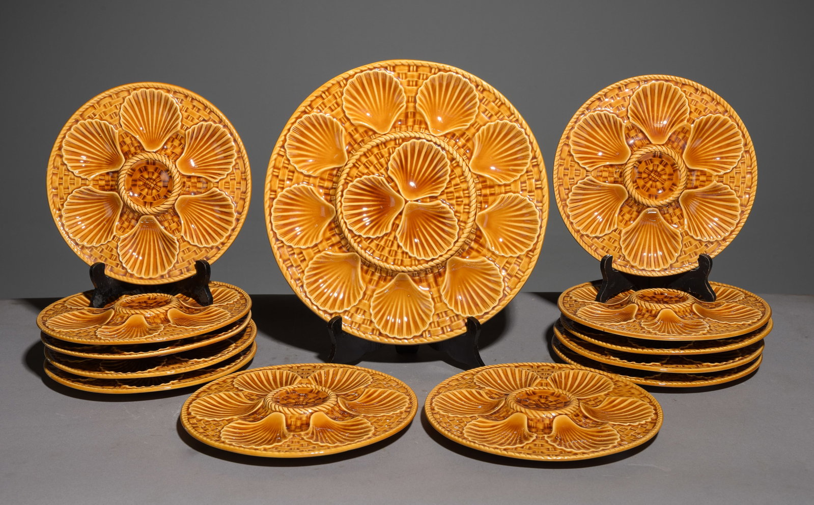 13pc French Scallop Plate Set - Platter & 12 Plates: 13pc French Scallop Plate Set with Basket Weave Pattern - Platter & 12 Plates - Platter is 1 in tall x 13 inch diameter