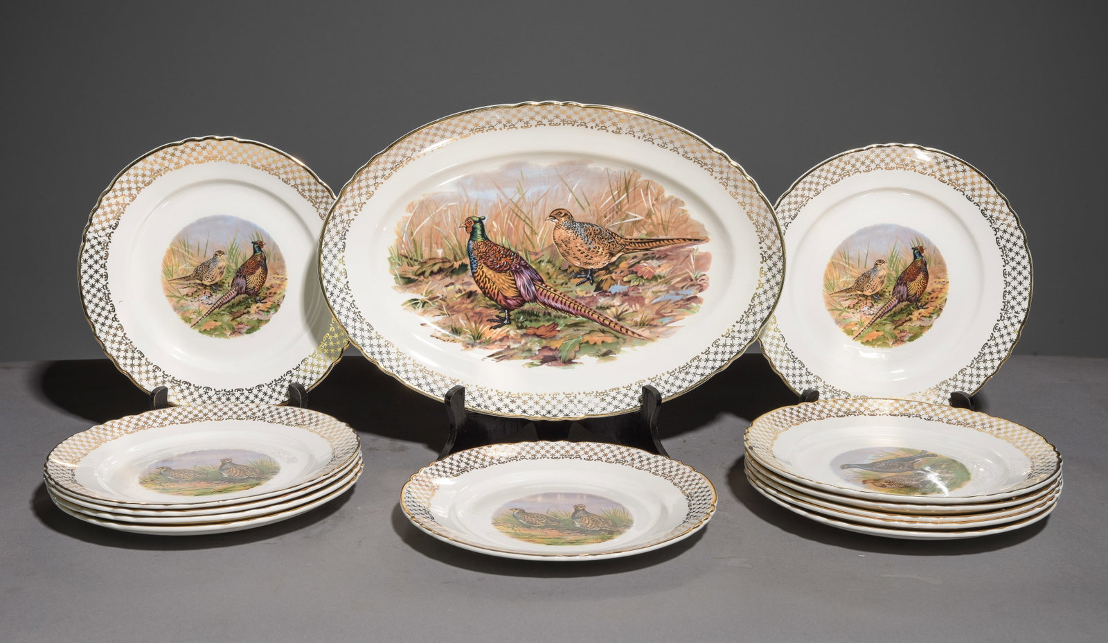 13pc French Pheasant / Hunt Plate Set: 13pc French Pheasant / Hunt Plate Set - Platter & 12 Plates - Platter is 1 in tall x 15 x 10