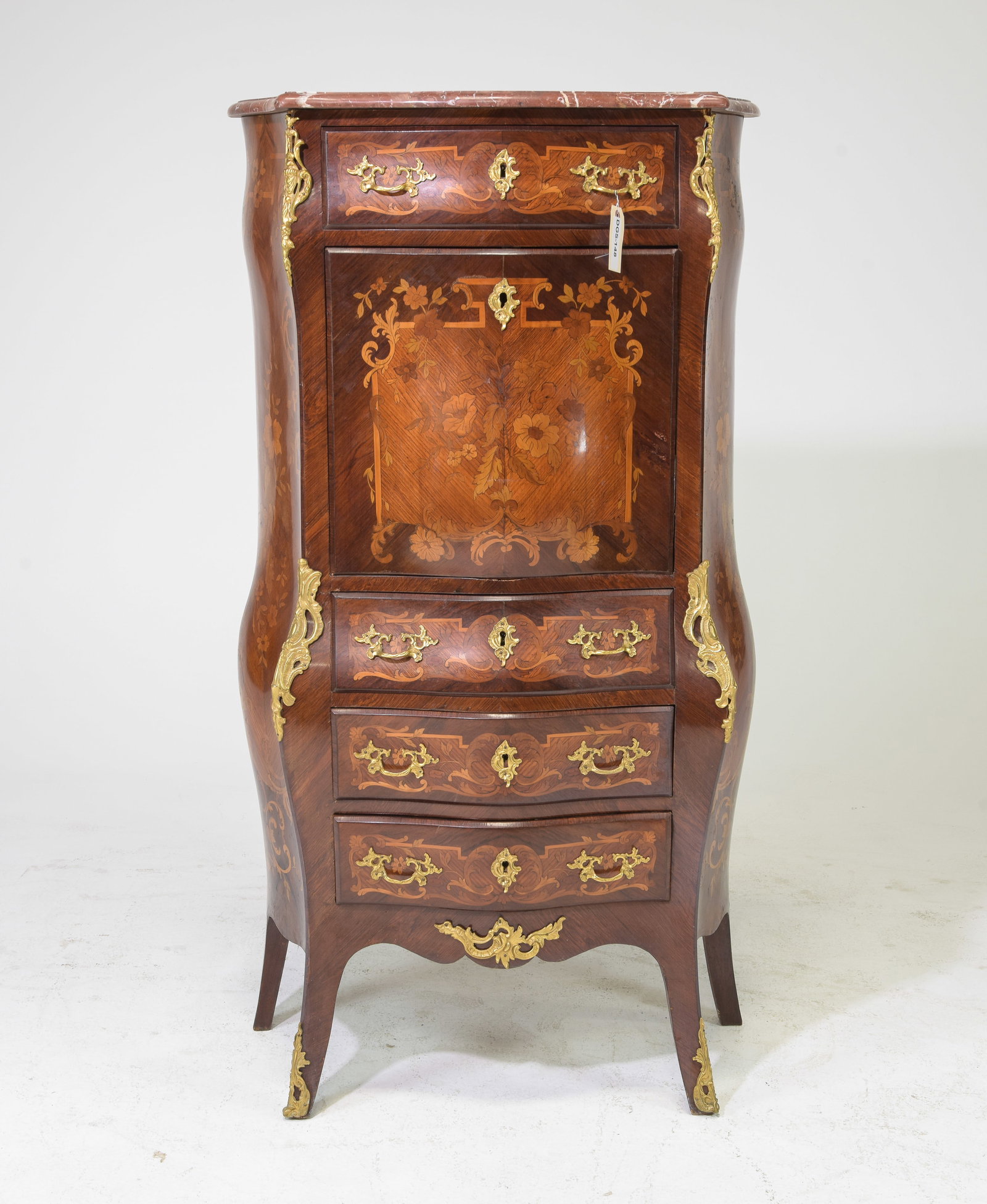 Louis XV Style Marble Top Secretary Abattant: French Louis XV Style Marble Top Marquetry Inlaid Secretary Abattant with Gilt Ormolu - 55 in tall x 30.5 x 15