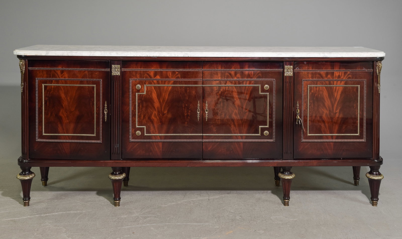 Louis XVI Style White Marble Top Sideboard #1: French Louis XVI Style White Marble Top Mahogany Sideboard / Enfilade - 41 in tall x 96 x 21