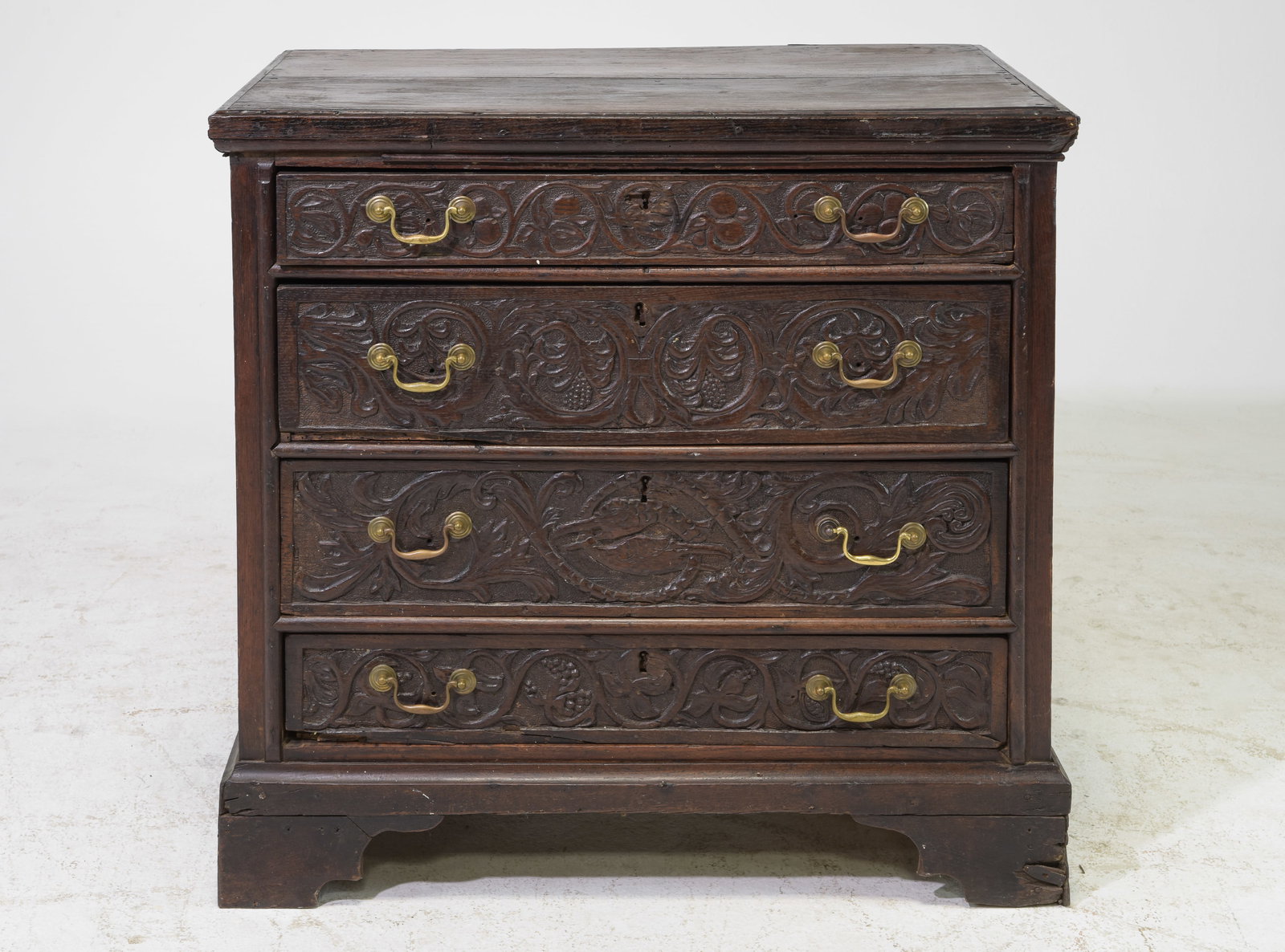 British Antique Carved Oak Four Drawer Chest c.1800's: British Antique Carved Oak Four Drawer Chest c.1800's - 35 in tall x 36.25 x 22