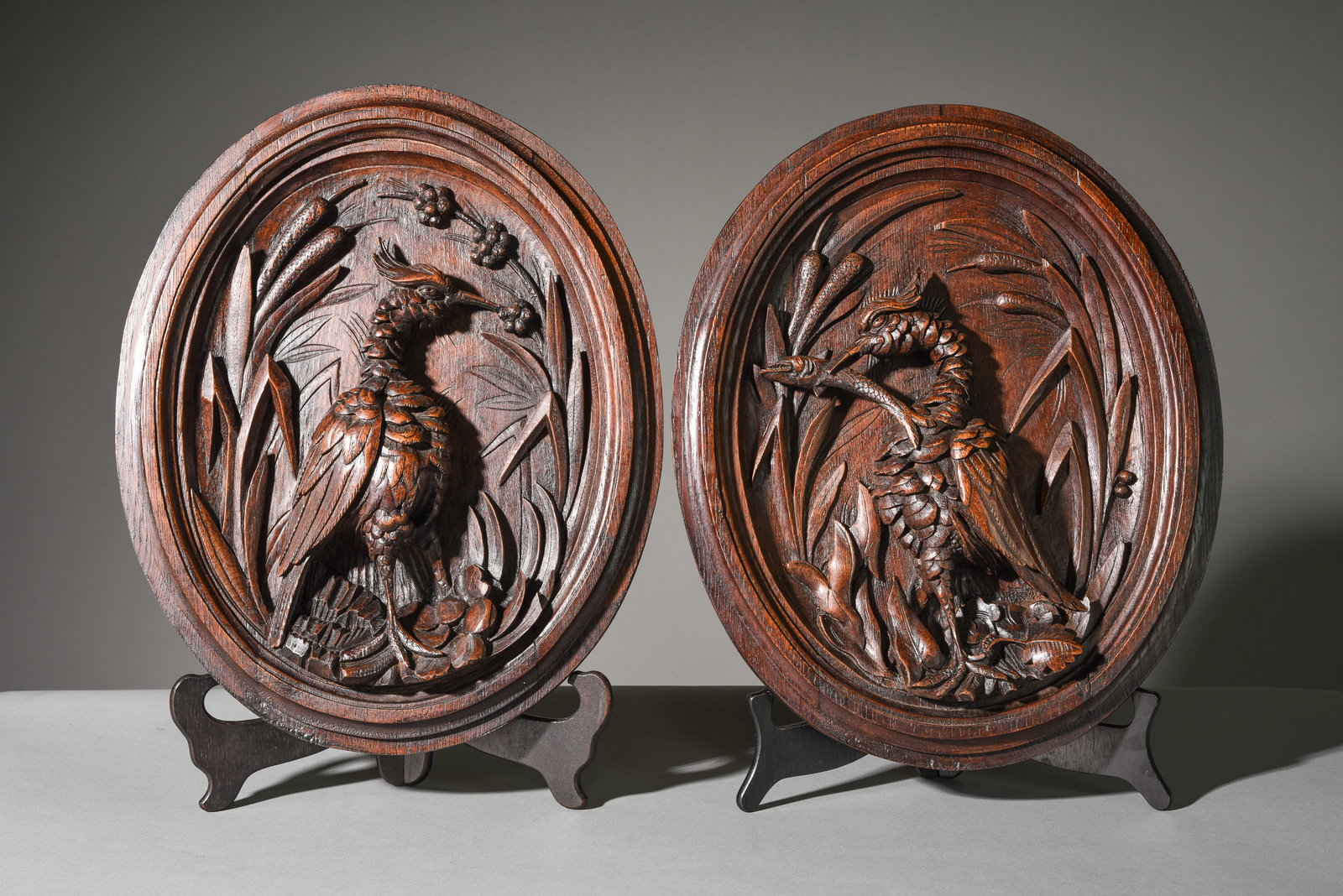 Two Black Forest Carved Oak Oval Wall Plaques (1 of 4)