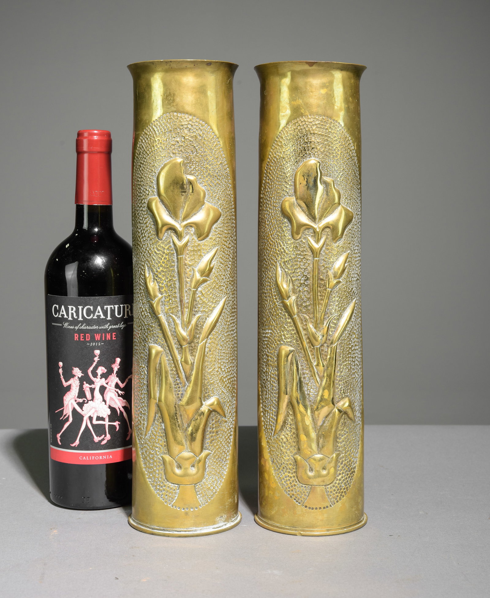 Pair of Brass Trench Art Vases: Pair of Brass Trench Art Vases - 14 in tall x 3.5 inch diameter each