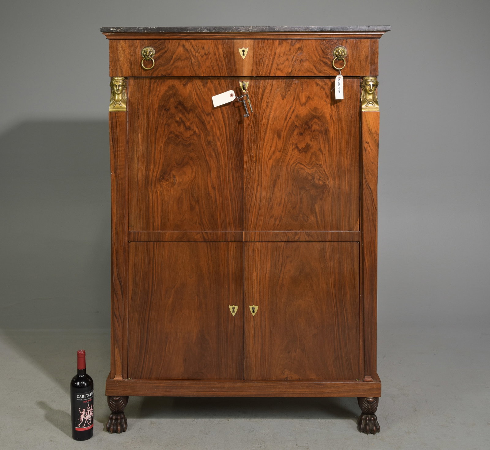 French Mahogany Empire Style Secretary Abattant: French Mahogany Empire Style Marble Top Secretary Abattant / Cocktail Cabinet - 56.5 in tall x 39.5 x 17