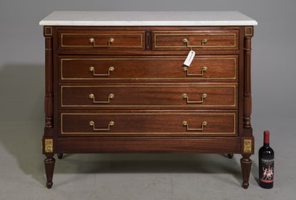 Louis XVI Style White Marble Top Mahogany Chest