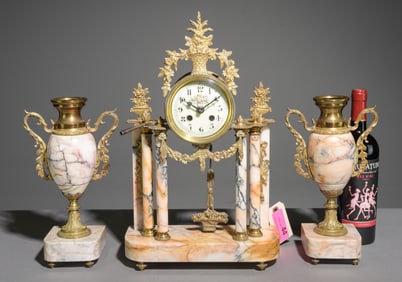 French Marble Mantel Clock with Garnitures