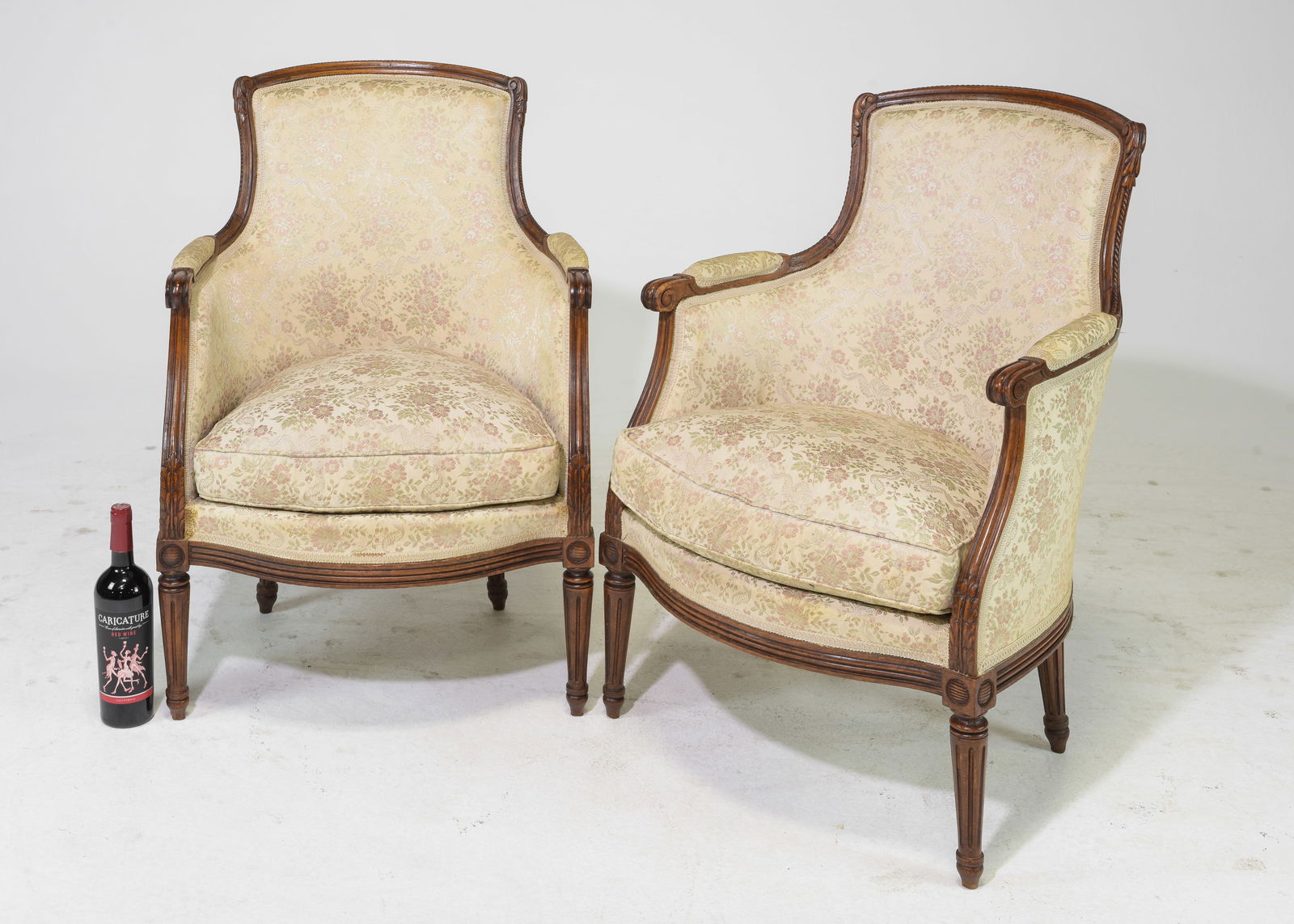 Louis XVI Style Pair of Walnut Bergere Chairs: French Louis XVI Style Pair of Walnut Bergere Chairs - 34 in tall x 23 x 25, seat height is 18 inches