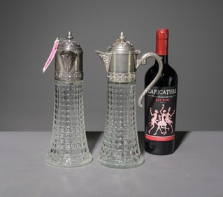 Pair of Cut Glass Claret Just with Silverplate Tops