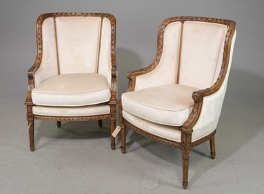 Louis XVI Style Pair of Barrel Back Bergere Chairs