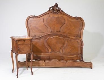 Louis XV Style Bed with Rails & Nightstand