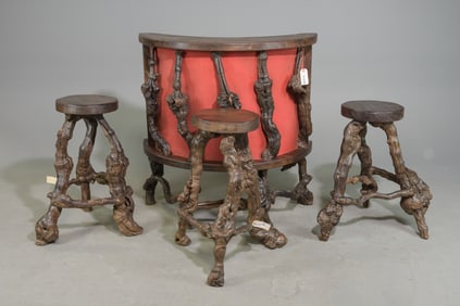 French Vine Wood Home Bar & 3 Bar Stools