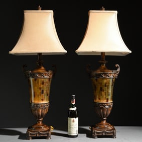 French Baroque Style Pair of Lamps with Silk Shades