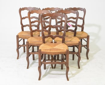 Louis XV Style Set of 6 Oak Rush Seat Dining Chairs