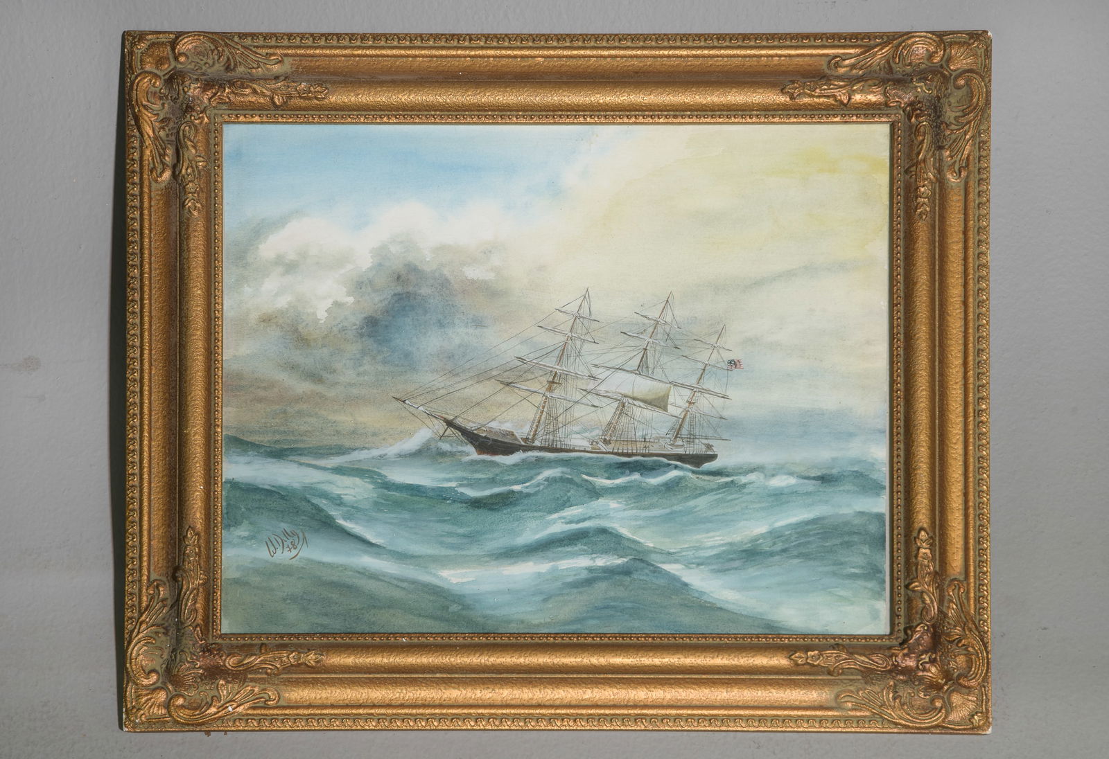 Gold Framed Water Color - Ship at Sea: Gold Framed Water Color - Ship at Sea - 21.5 in tall x 25.5 x 1.5