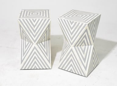 Pair of Grey & White Bone Inlaid "Hour Glass" Stands