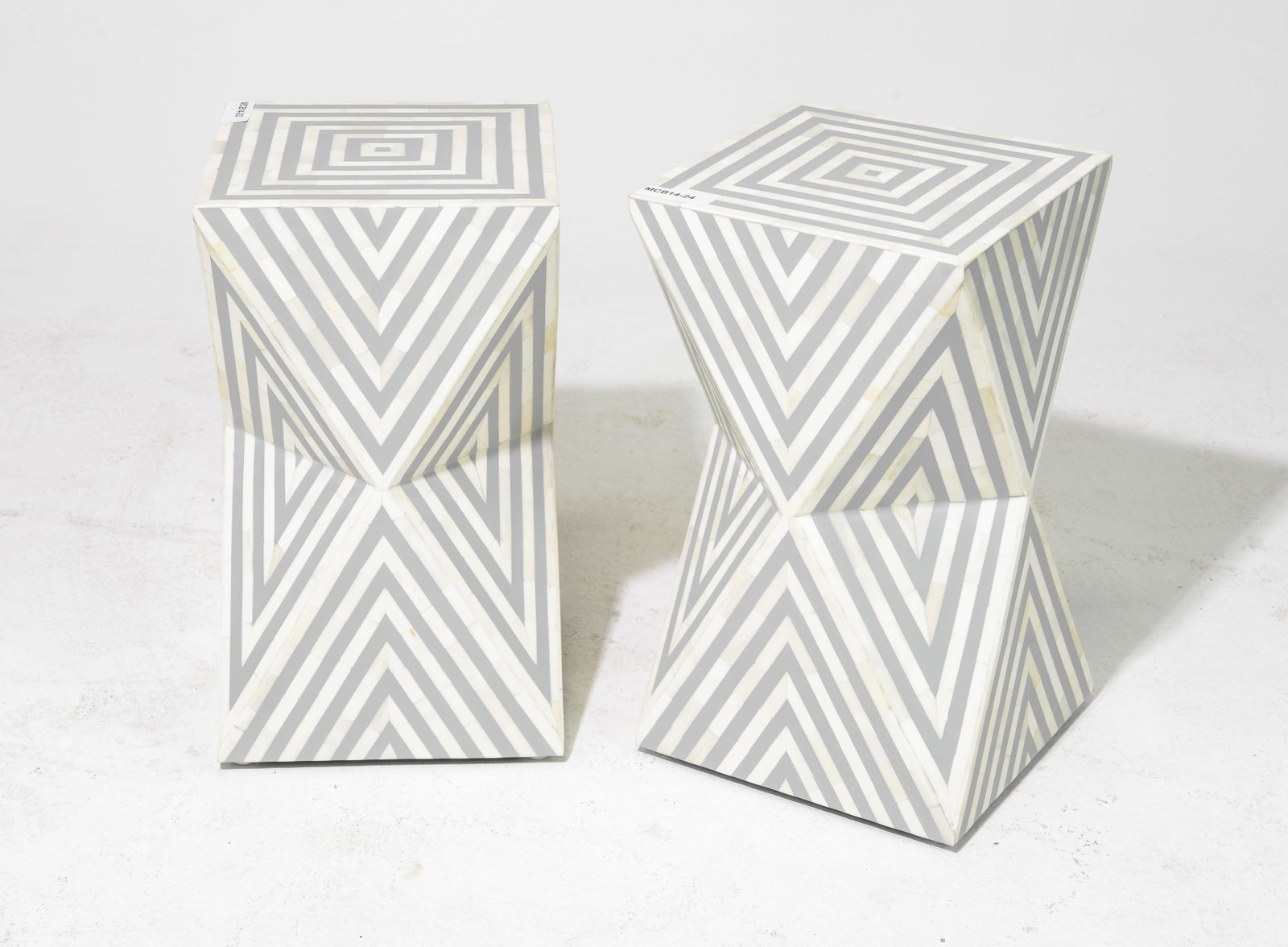 Pair of Grey & White Bone Inlaid "Hour Glass" Stands: Pair of Modernist Grey & White Bone Inlaid "Hour Glass" Stands / Occasional Tables with Striped Pattern - 21 in tall x 12 x 12 each