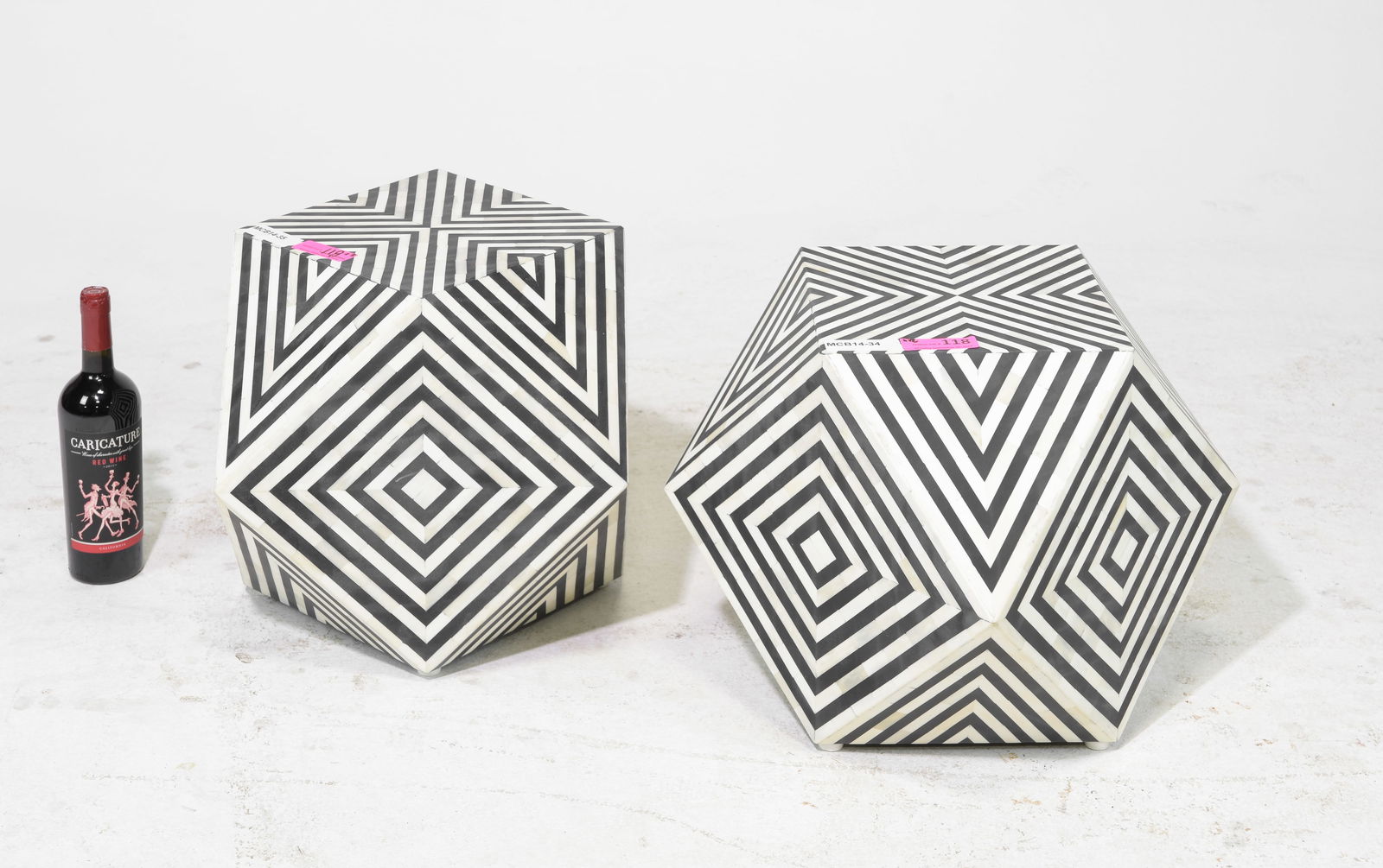 Pair of Geometric Bone Inlaid Tables / Stands: Pair of Modernist Geometric Bone Inlaid Tables / Stands with Black & White Striped Pattern - 15.5 in tall x 23 x 23, Useable surface area is 15 x 15