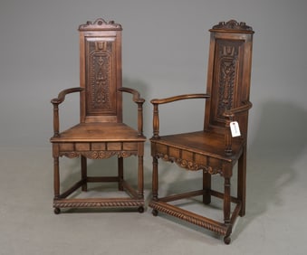 French Pair of Carved Throne / Hall Chairs