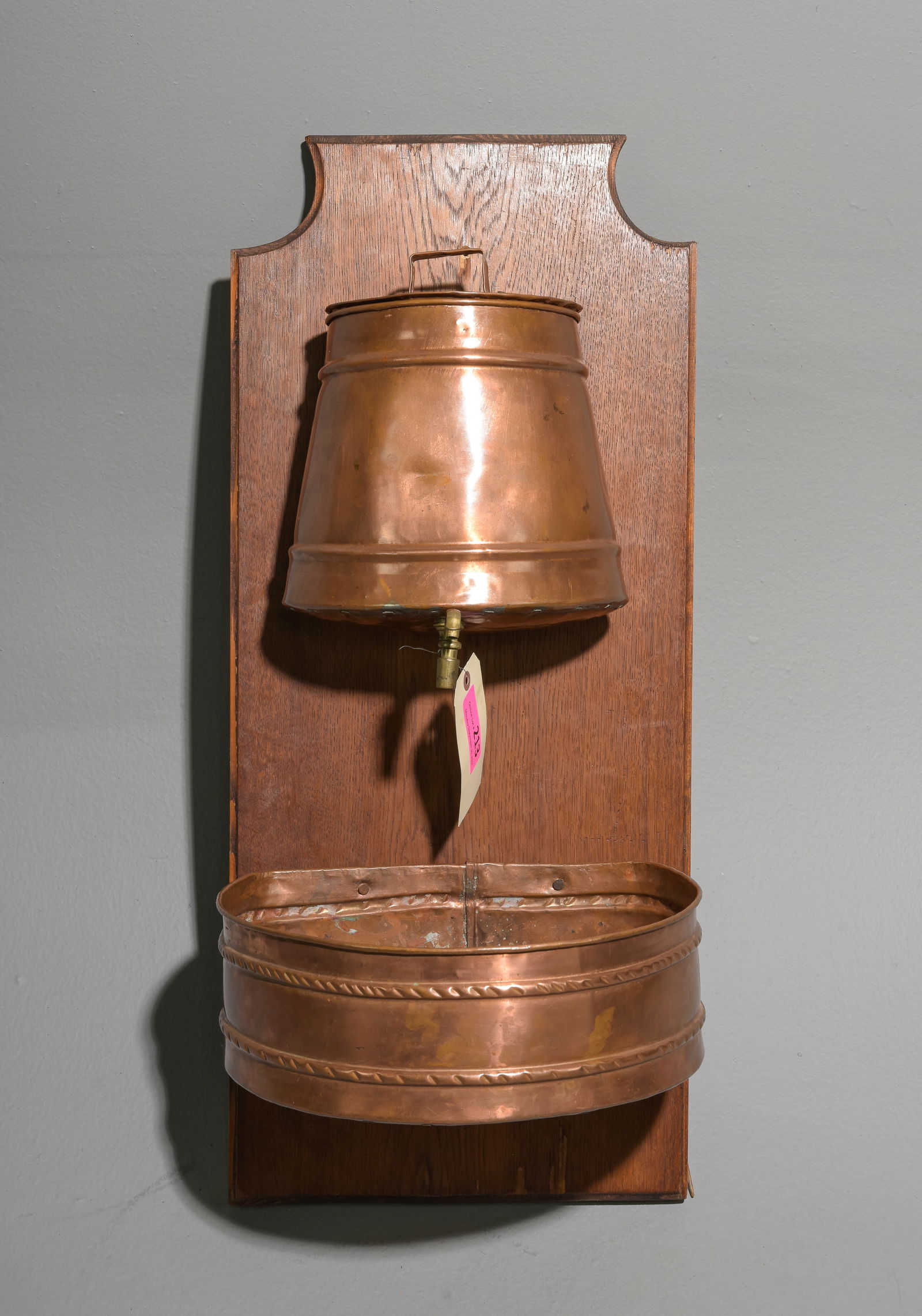 French Copper Water Font / Lavabo #1: French Copper Water Font / Lavabo on Oak Board - 33 in tall x 14 x 12