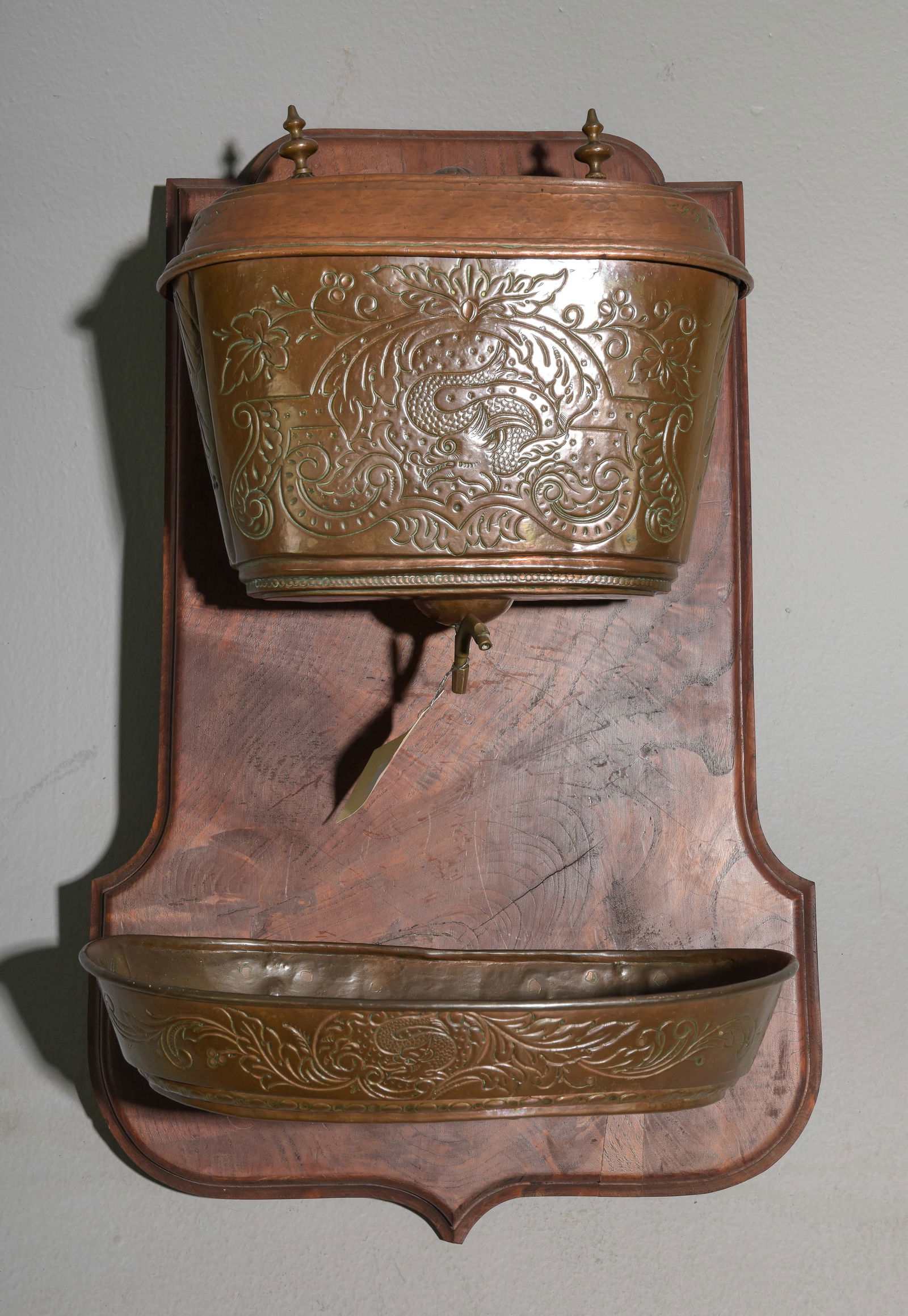 French Copper Water Font / Lavabo #2: French Copper Water Font / Lavabo on Oak Board - 29 in tall x 19 x 9
