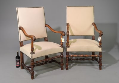 Louis XIII Style Walnut Pair of Fireside Arm Chairs