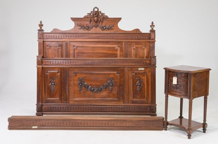 Louis XVI Style Walnut Bed with Rails & Nightstand