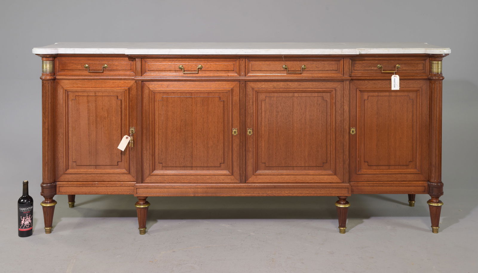 Louis XVI Style White Marble Top Sideboard: French Louis XVI Style White Marble Top Sideboard / Enfilade - 41 in tall x 91 x 22