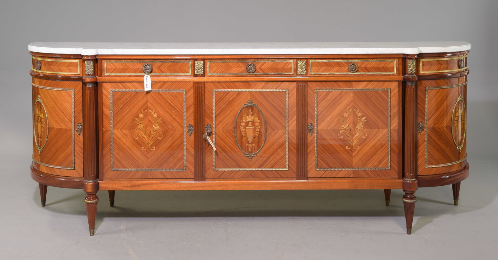 Louis XVI Style White Marble Top Inlaid Sideboard: French Louis XVI Style White Marble Top Inlaid Curved Sideboard / Enfilade - 40 in tall x 105.5 x 21.5 - This is 8.79 feet long