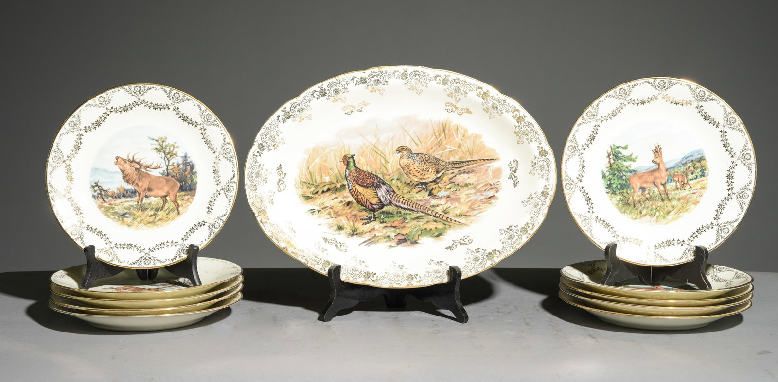 11pc French Hunt / Pheasant Plate Set: 11pc French Hunt / Pheasant Plate Set - Platter & 10 Plates - Haviland - Platter is 1.5 in tall x 16 x 11