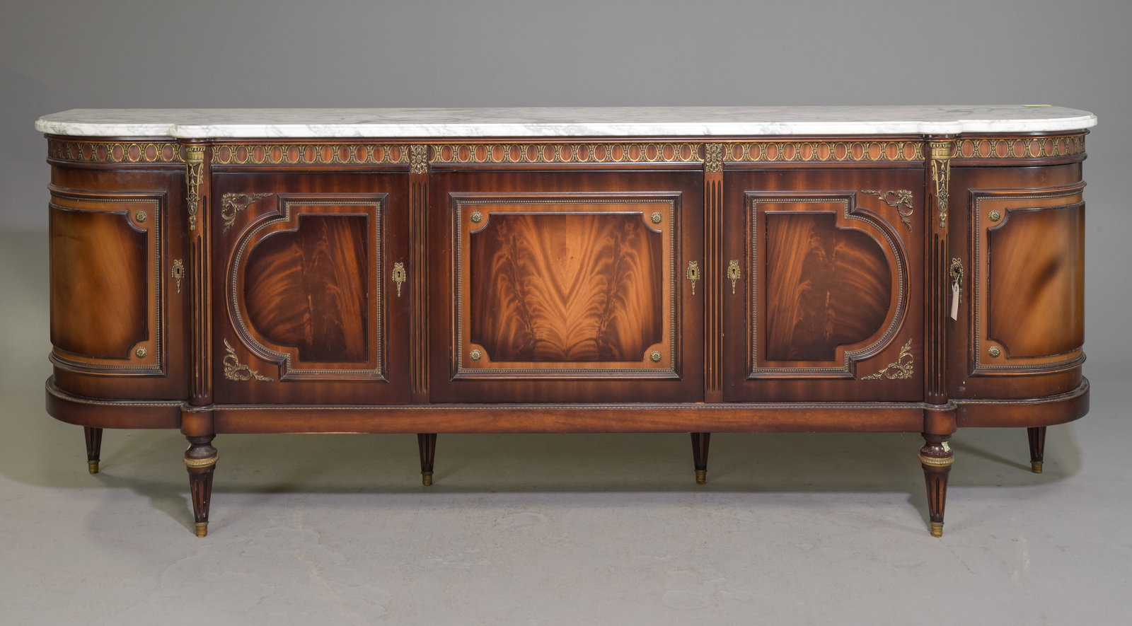Louis XVI Style White Marble Top Sideboard: French Louis XVI Style White Marble Top Curved Sideboard / Enfilade - 39 in tall x 105 x 23