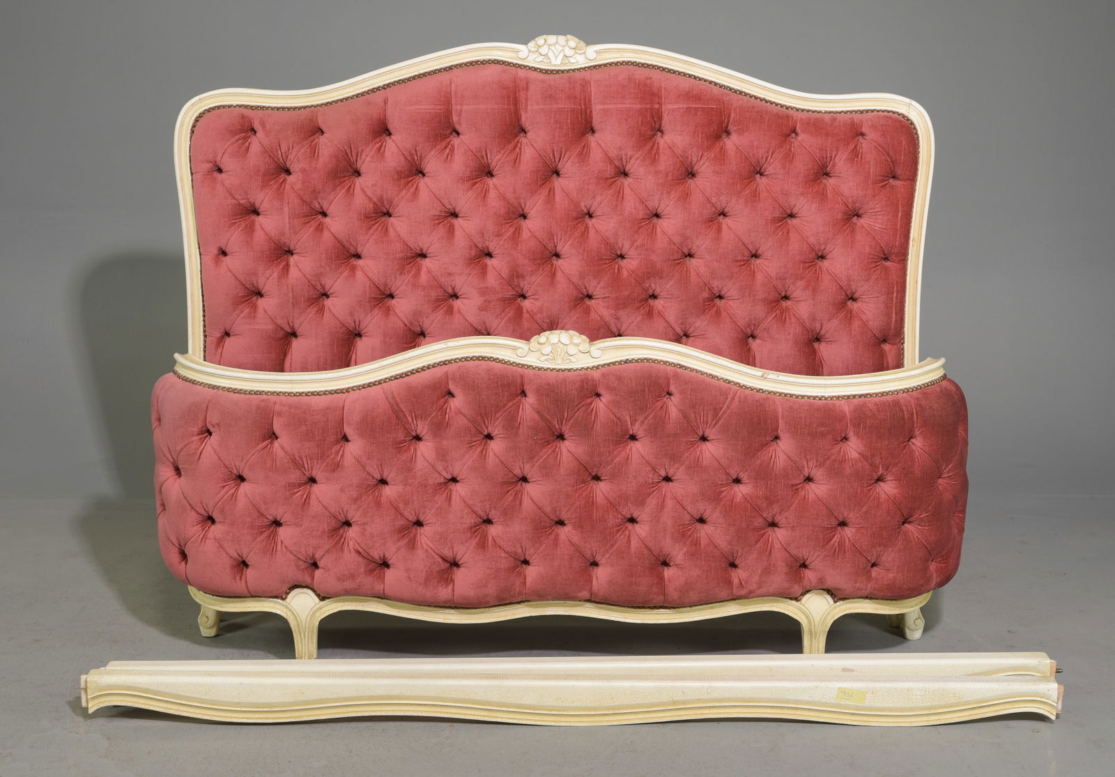 Louis XV Style Painted Upholstered Bed with Rails: French Louis XV Style Painted Upholstered Bed with Rails - Headboard is 47.25 in tall x 57.75 x 3.5, Rails are 69.5 inches long each with bolts(3) - One rail is missing a bolt - This bed is a European