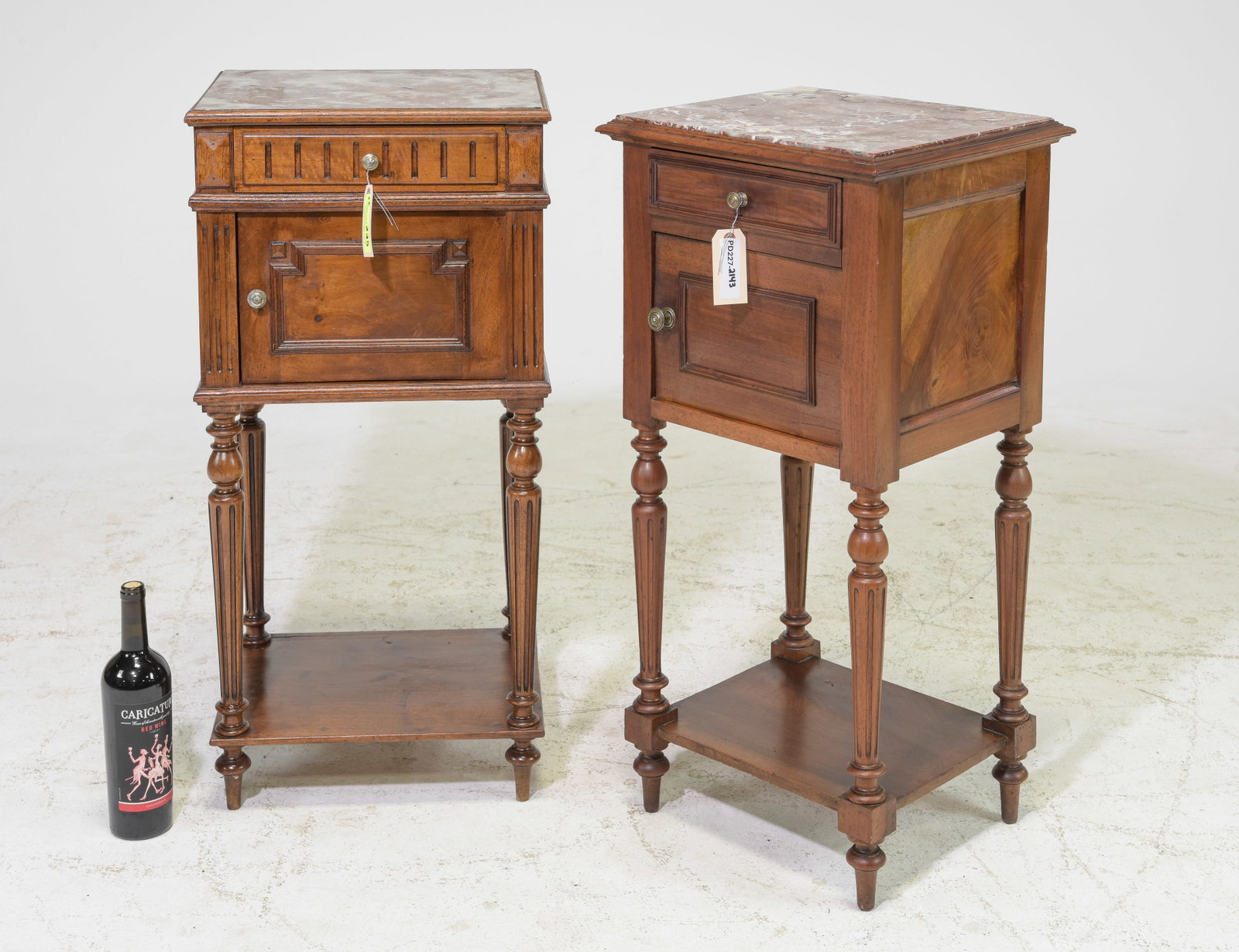 2 Louis XVI Style Marble Top Nightstands: 2 French Louis XVI Style Marble Top Nightstands / Occasional Cabinets - 34 in tall x 16.5 x 14 and 33.5 in tall x 16.5 x 14.5