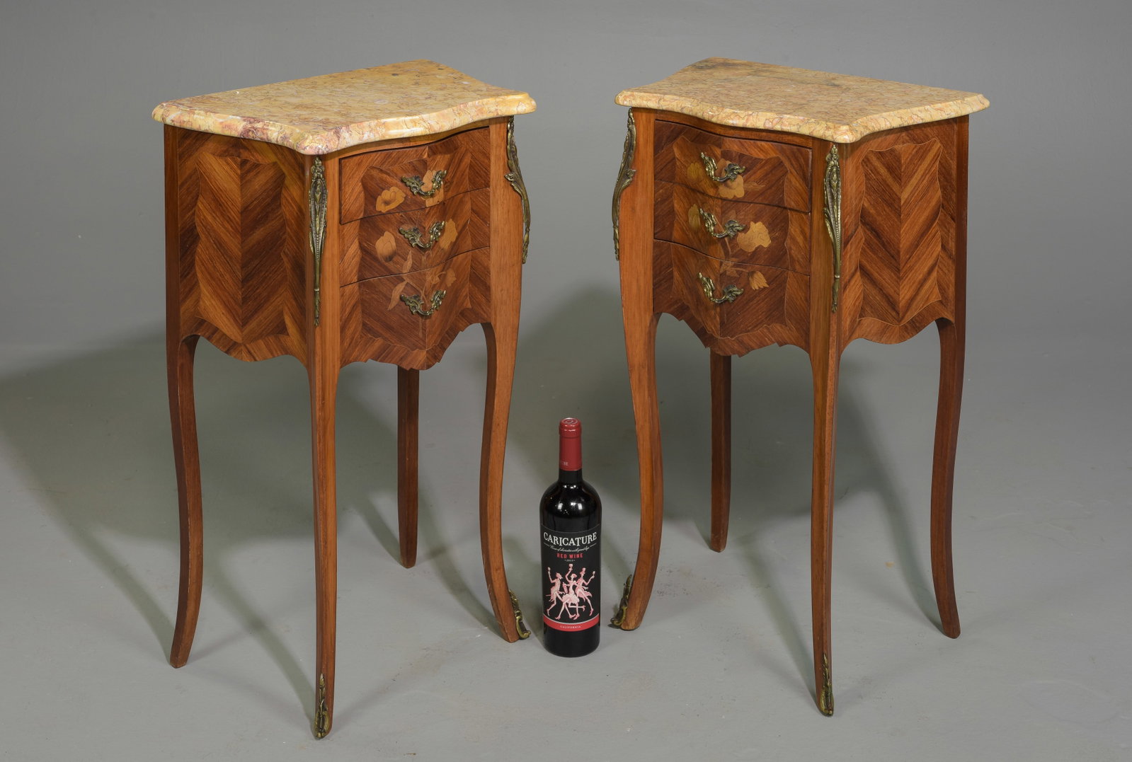 Louis XV Style Pair of Marble Top Occasional Chests: French Louis XV Style Pair of Marble Top Marquetry Inlaid Occasional Chests / Nightstands - 29 in tall x 17.5 x 12 each