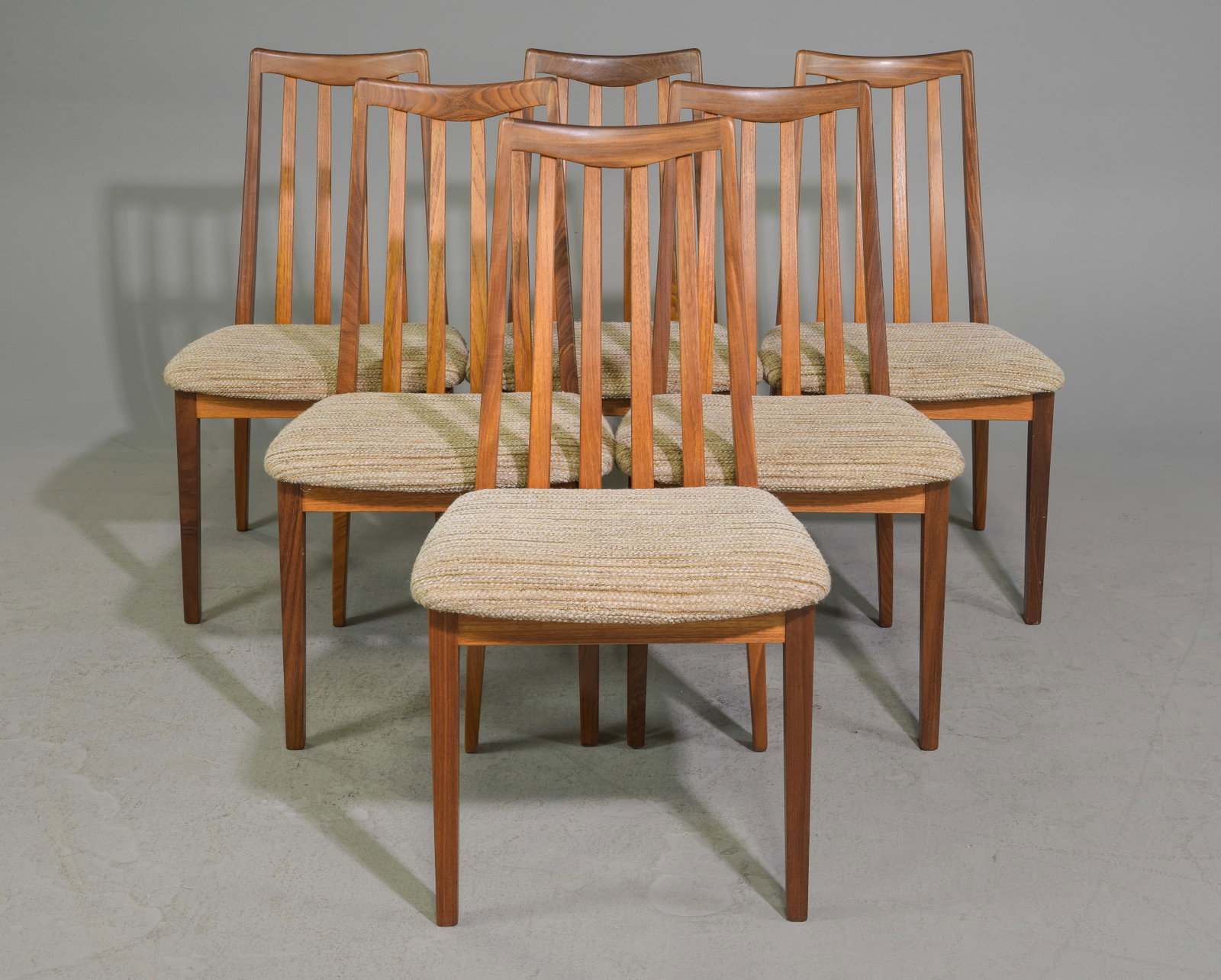 6 High Back Mid Century Dining Chairs - G-Plan Fresco: These 6 Danish Modern Style Teak Dining chairs consists of 6 side chairs. These are made by Mid Century Modern Furniture Maker G Plan ( GPlan ), Part of their Fresco range. - Chairs are 35.5 in tall x