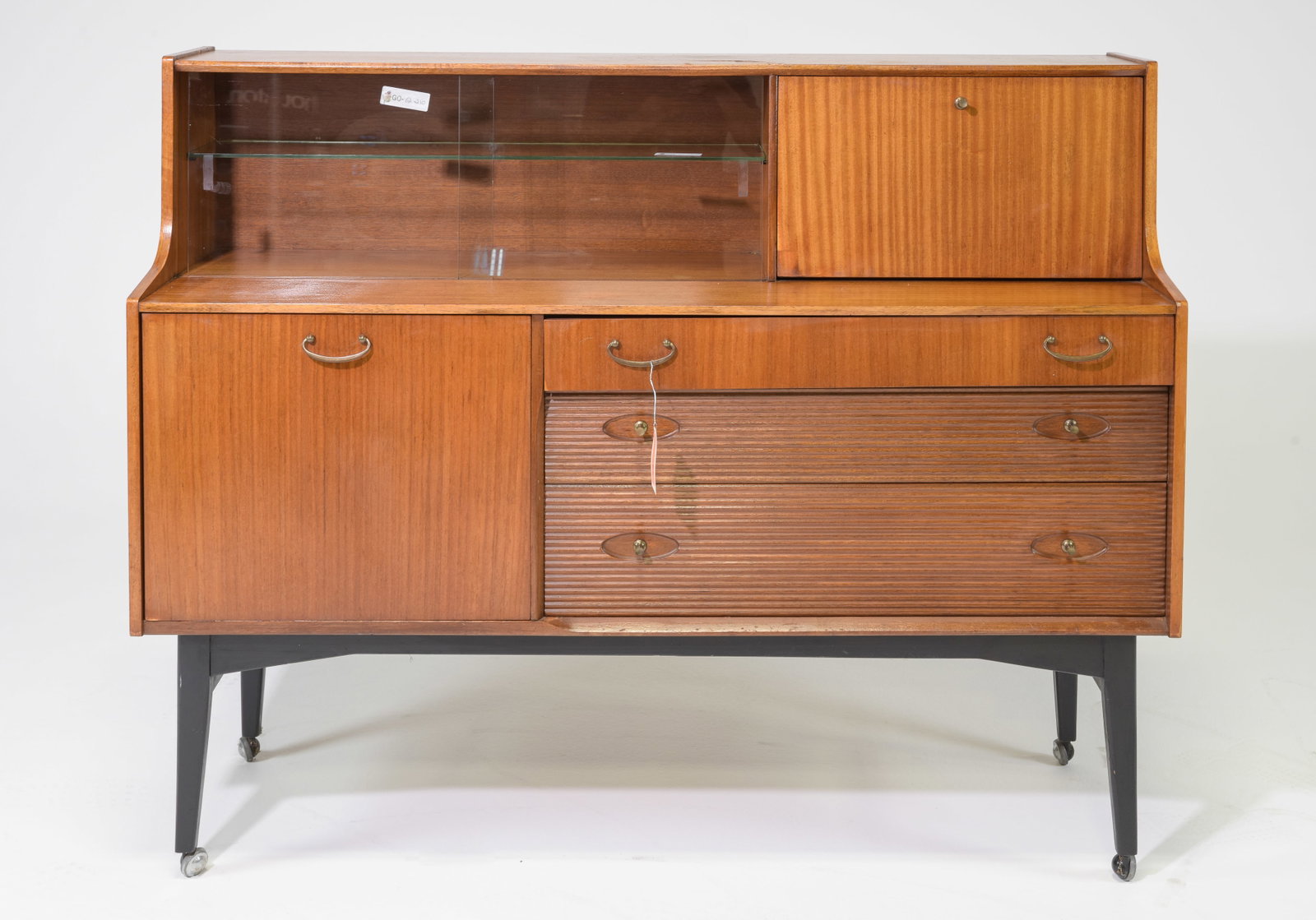 Mid Century Modern High Board - Nathan: This Danish Modern Style hutch / cocktail cabinet is from England, likely by Nathan Furniture co. - 43.5 inches tall x 54 x 17