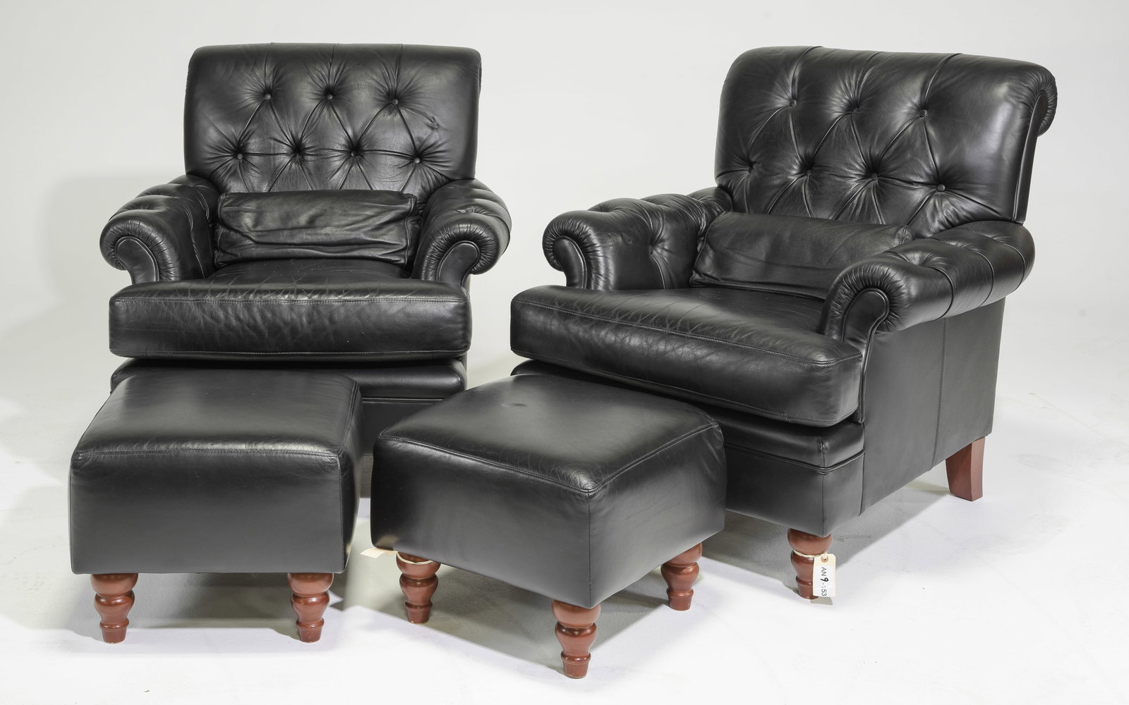 Pair Of Black Leather Arm Chairs & Ottomans (1 of 9)