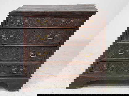 British Antique Carved Oak Four Drawer Chest c.1800's: British Antique Carved Oak Four Drawer Chest c.1800's - 35 in tall x 36.25 x 22