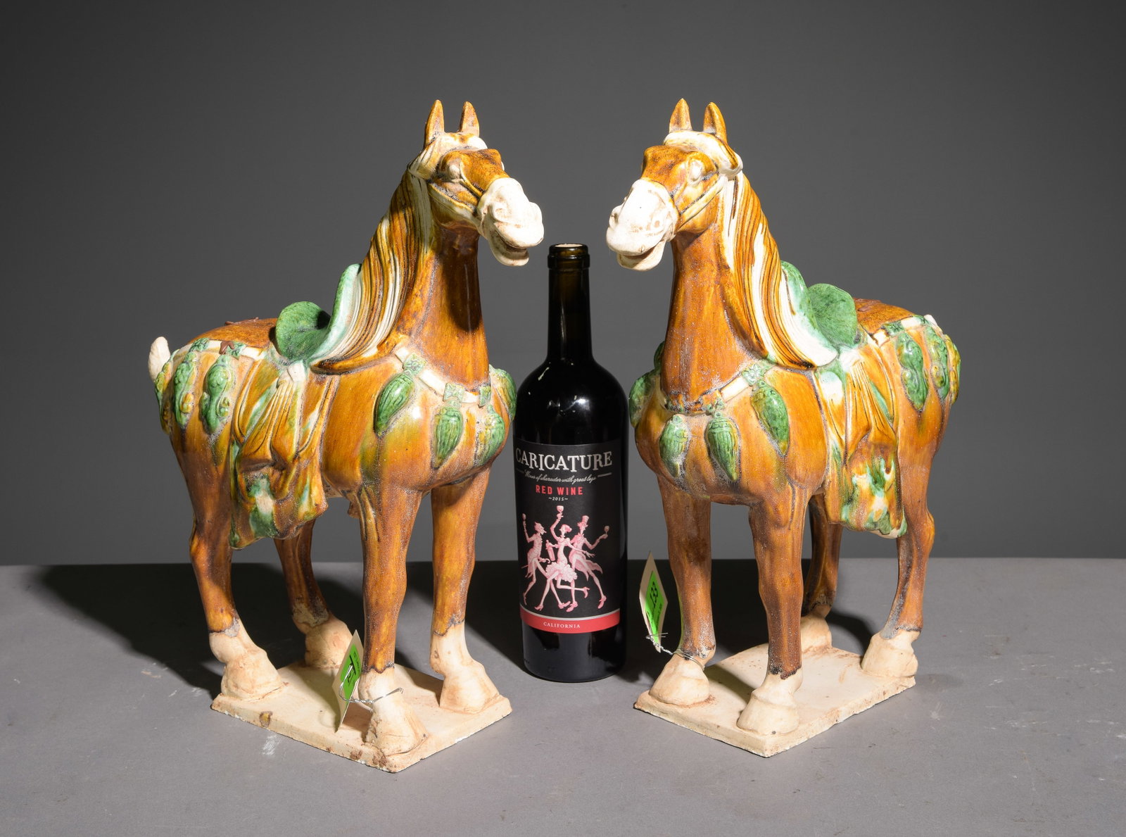 Chinese Pair of Pottery War Horses with Wax Stamps: Chinese Pair of Pottery War Horses with Wax Stamps - 16 in tall x 14 x 5 each
