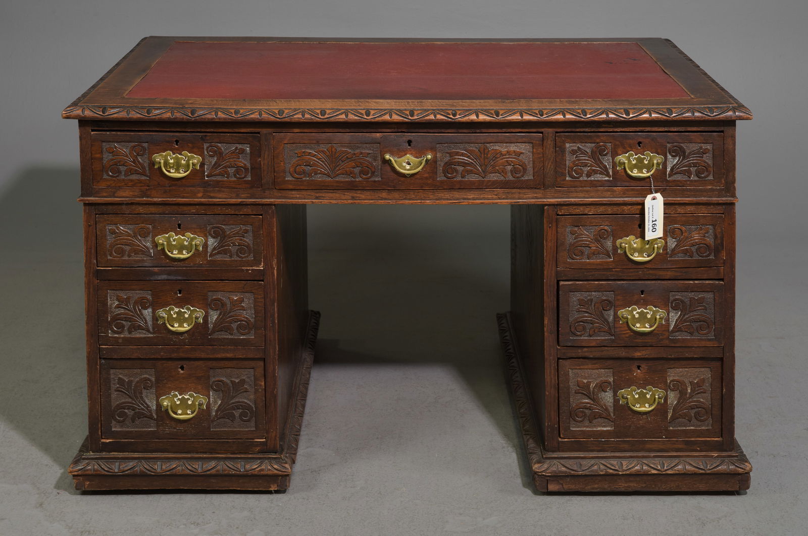 British Carved Oak Red Leather Top Desk c.1920's (1 of 7)