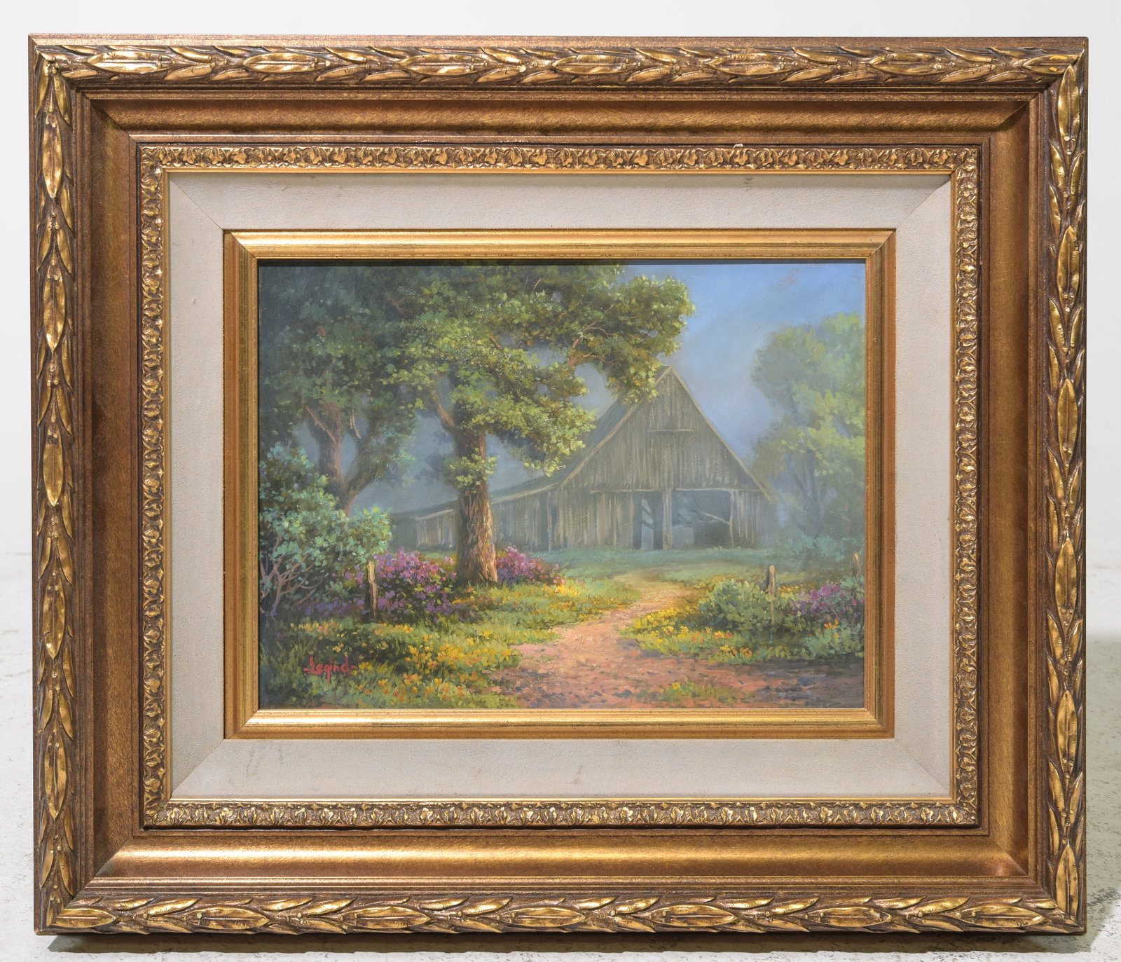 Gold Framed Oil on Canvas Landscape - Barn: Gold Framed Oil on Canvas Landscape - Barn - 23 in tall x 27 x 2.5, The work itself is 11.5 x 15.5