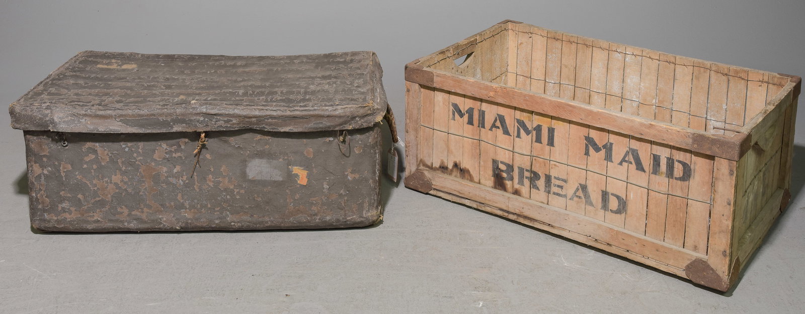 Canvased Wicker Basket & Vintage Crate: Canvased Wicker Basket & Vintage Crate - 15 inches tall x 35 x 22, black one is 13 inches tall x 36.5 x 20.5