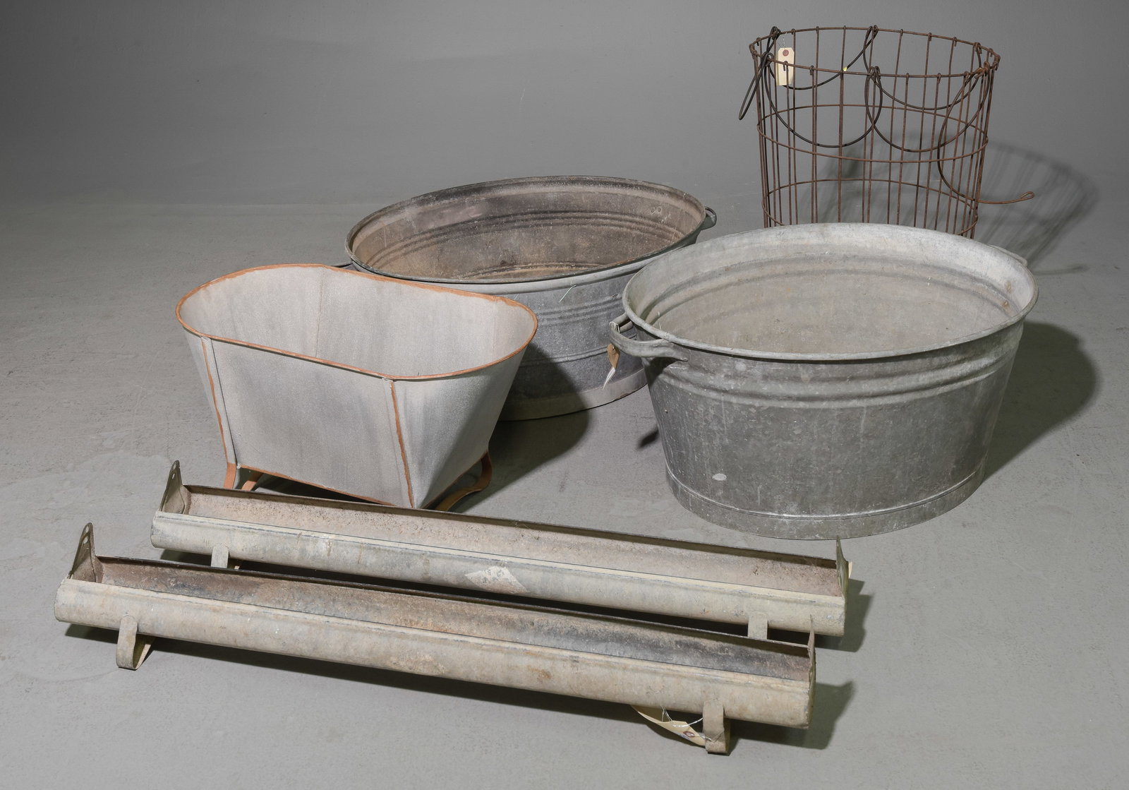 Assorted Zinc Buckets, Troughs, & Basket: Assorted Zinc Buckets, Troughs, & Basket 24 inches tall x 19 x 19