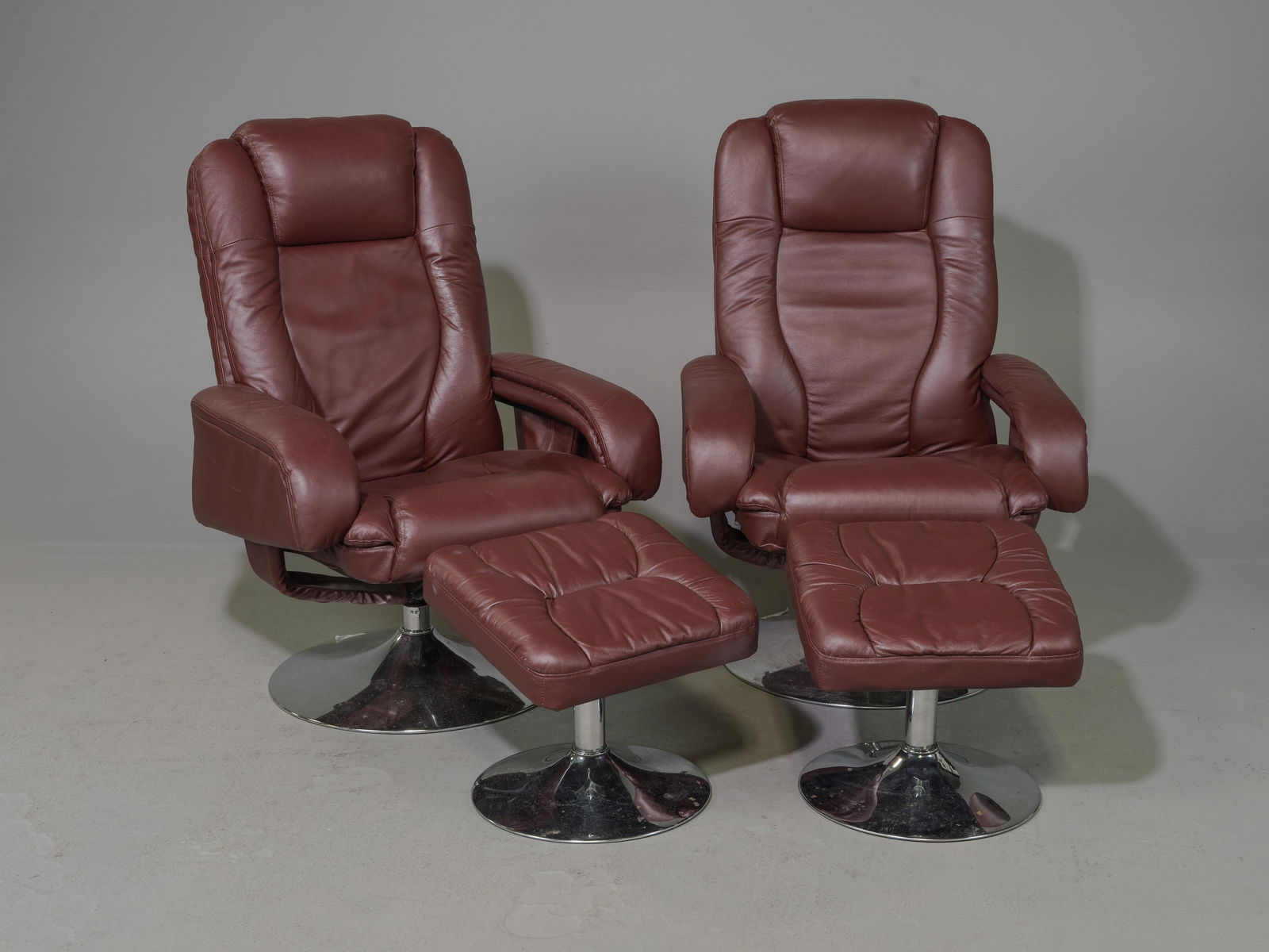 Pair of Leather Lounge Chairs with Foot Stools (1 of 6)