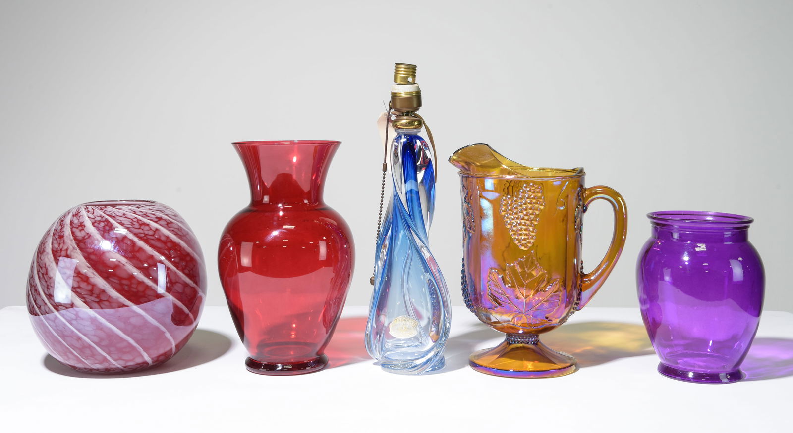 Three Art Glass Vases, Carnival Glass Pitcher & Lamp (1 of 3)