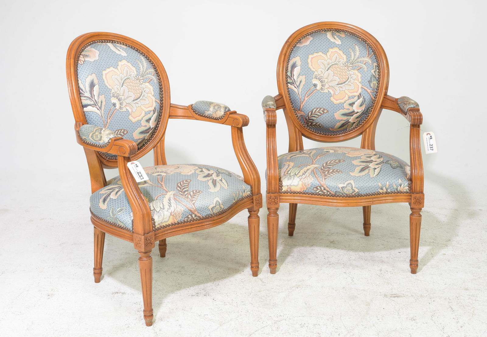Pair Of Louis XV Style Upholstered Arm Chairs: Pair Of French Louis XV Style Upholstered Arm Chairs - 34.5 inches tall x 24 x 24, seat height is 15 inches